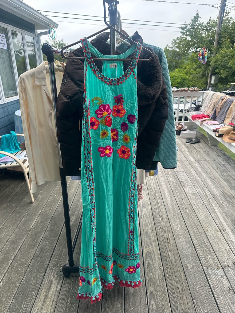 LulaSoul Boho Embroidered Maxi Dress - Teal with Pink Floral Accents